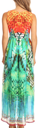 Sakkas Afia Animal Print Empire Waist sleeveless Long Dress with Embellishment