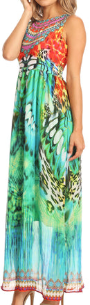 Sakkas Afia Animal Print Empire Waist sleeveless Long Dress with Embellishment