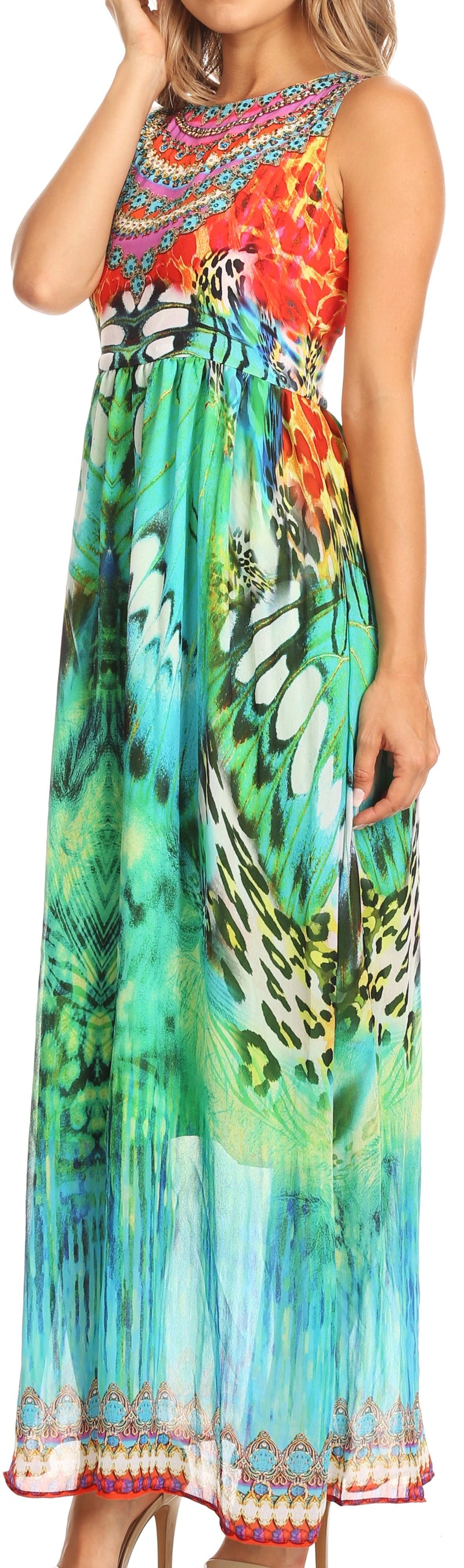 Sakkas Afia Animal Print Empire Waist sleeveless Long Dress with Embellishment