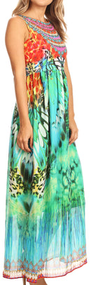 Sakkas Afia Animal Print Empire Waist sleeveless Long Dress with Embellishment