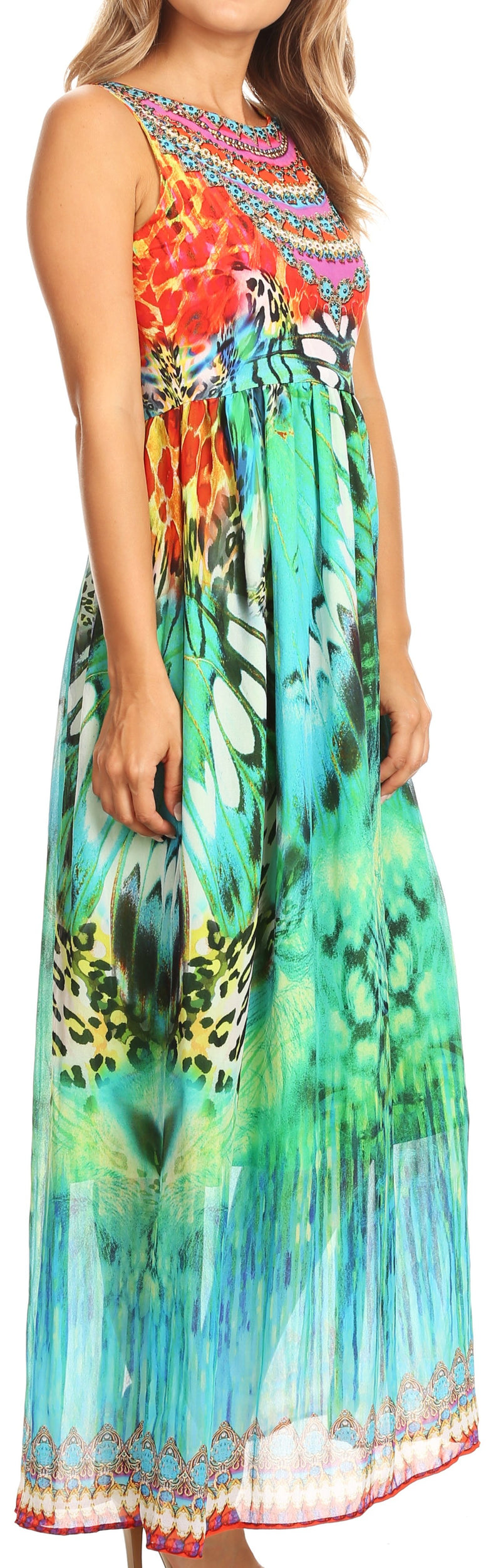 Sakkas Afia Animal Print Empire Waist sleeveless Long Dress with Embellishment