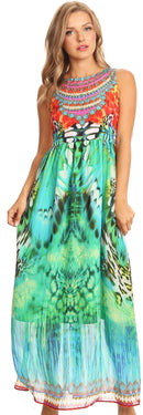 Sakkas Afia Animal Print Empire Waist sleeveless Long Dress with Embellishment