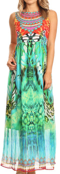 Sakkas Afia Animal Print Empire Waist sleeveless Long Dress with Embellishment#color_17213-Orangemulti 