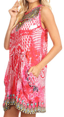 Sakkas Ebele Short Sleeveless Dress with Rhinestones Drape Front and Pockets