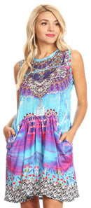 Sakkas Ebele Short Sleeveless Dress with Rhinestones Drape Front and Pockets