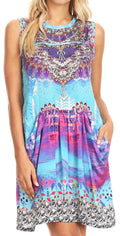 Sakkas Ebele Short Sleeveless Dress with Rhinestones Drape Front and Pockets#color_17218-Turquoisemosaic