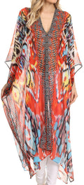 Sakkas Livi Scoop V Neck Wide Mid Length Caftan Dress / Cover Up#color_OrangeMulti