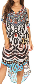 Sakkas Jelani Hi Low V-neck Off Shoulder Printed Dress with Rhinestones #color_17225-White/leopard 