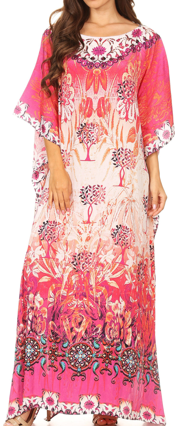 Sakkas Jabari Long Kaftan Dress with Boat-neck Floral Paisley Print & Rhinestones#color_17226-Pink/floral