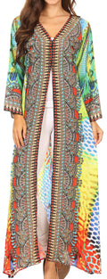 Sakkas Khari V-neck Long Kaftan Dress with Colorful Print and Rhinestones#color_17227-Green/parrot