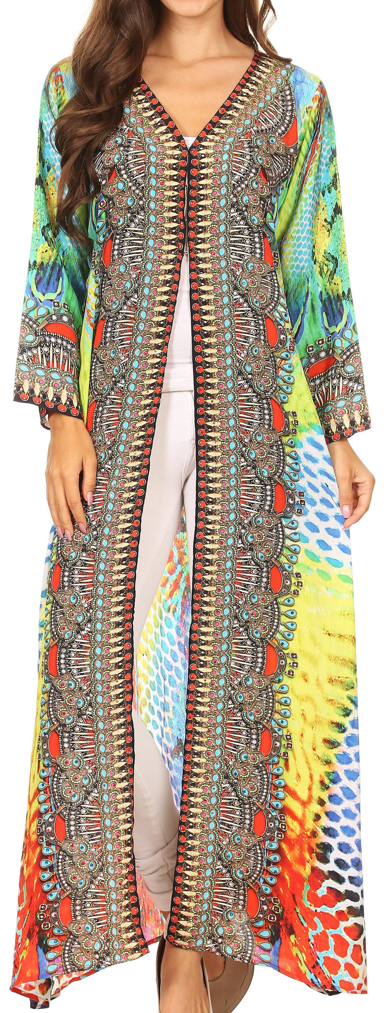 Sakkas Khari V-neck Long Kaftan Dress with Colorful Print and Rhinestones