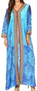 Sakkas Khari V-neck Long Kaftan Dress with Colorful Print and Rhinestones#color_17228-Blue/fish