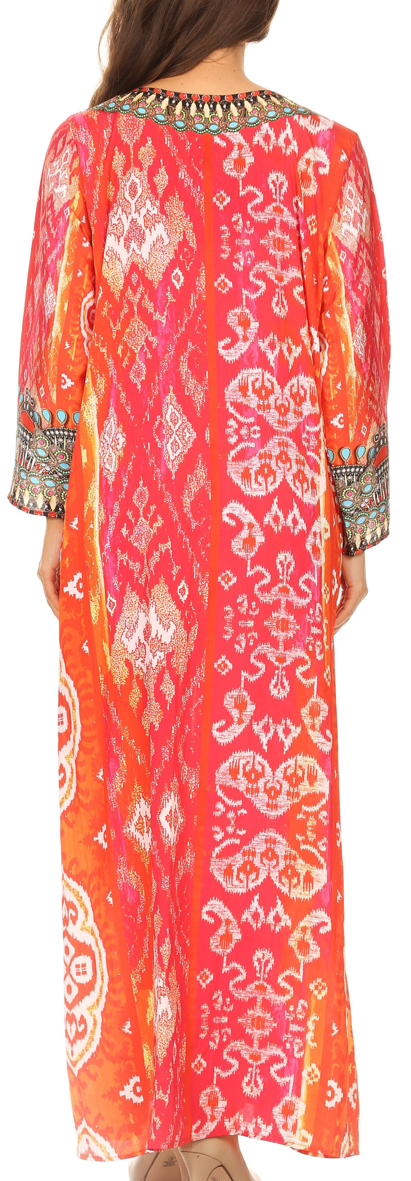 Sakkas Khari V-neck Long Kaftan Dress with Colorful Print and Rhinestones