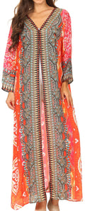 Sakkas Khari V-neck Long Kaftan Dress with Colorful Print and Rhinestones#color_17229-Orange/ikat