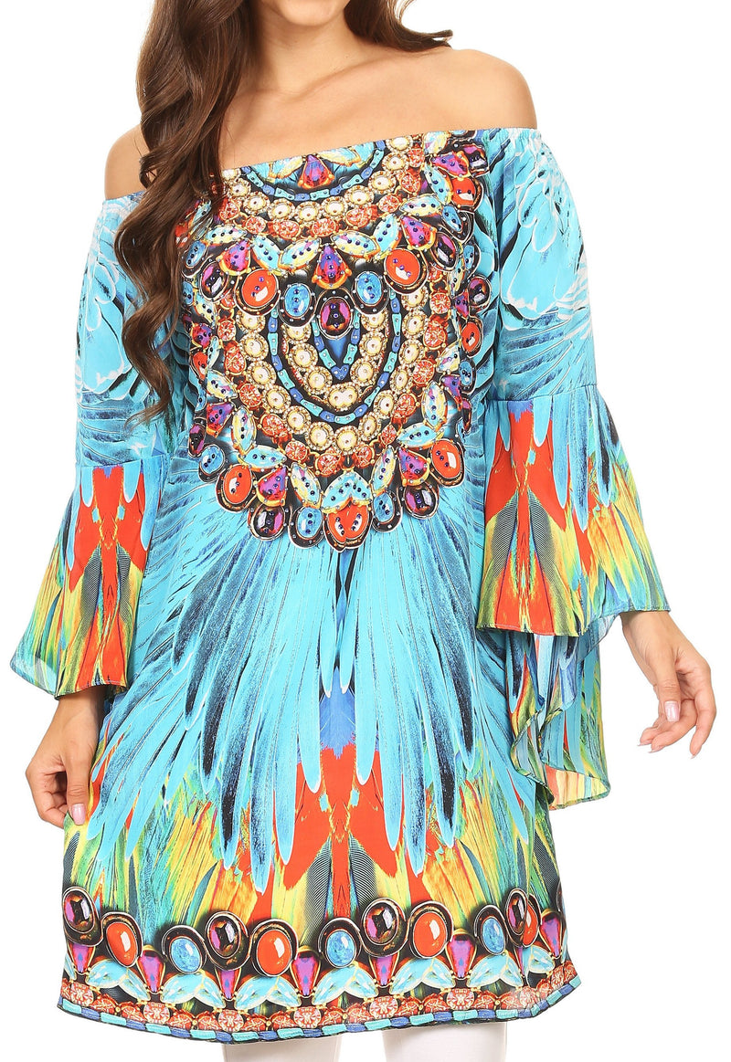 Sakkas Mosi Colorful Shift Dress Tunic with Bell Ruffled Sleeves & Rhinestones