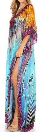 Sakkas Anahi Flowy Design V Neck Long Caftan Dress / Cover Up With Rhinestone