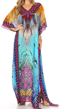 Sakkas Anahi Flowy Design V Neck Long Caftan Dress / Cover Up With Rhinestone#color_17164-Turquoise/Orange
