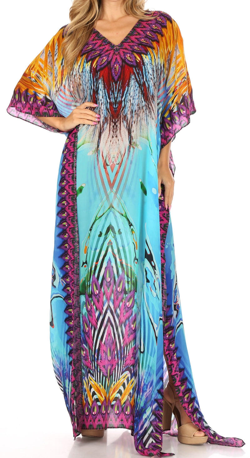 Sakkas Anahi Flowy Design V Neck Long Caftan Dress / Cover Up with Rhinestone One Size / 17168-Purple / Orange Sakkas Anahi Flowy Design V Neck Long Caftan Dress / Cover Up with Rhinestone One Size / 17168-Purple / Orange
