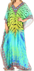 Sakkas Anahi Flowy Design V Neck Long Caftan Dress / Cover Up With Rhinestone#color_17165-Green/Turquoise
