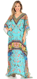 Sakkas Anahi Flowy Design V Neck Long Caftan Dress / Cover Up With Rhinestone