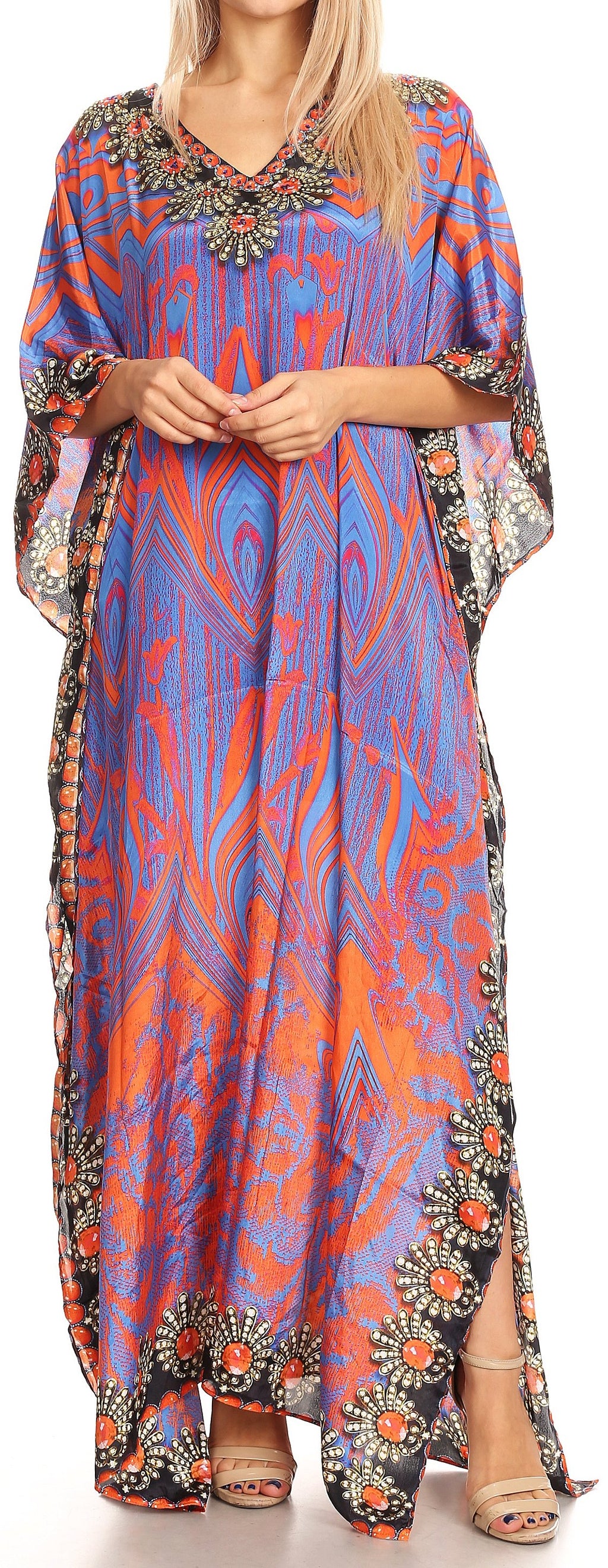 Sakkas Anahi Flowy Design V Neck Long Caftan Dress / Cover Up With Rhi
