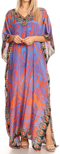 Sakkas Anahi Flowy Design V Neck Long Caftan Dress / Cover Up With Rhinestone#color_17168-Purple/Orange