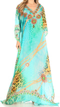 Sakkas Anahi Flowy Design V Neck Long Caftan Dress / Cover Up With Rhinestone#color_17169-Turquoise/Orange