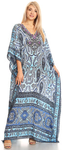 Sakkas Anahi Flowy Design V Neck Long Caftan Dress / Cover Up With Rhinestone