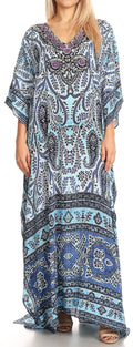 Sakkas Anahi Flowy Design V Neck Long Caftan Dress / Cover Up With Rhinestone#color_17170-Navy/Blue