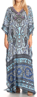 Sakkas Anahi Flowy Design V Neck Long Caftan Dress / Cover Up With Rhinestone