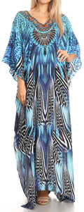 Sakkas Anahi Flowy Design V Neck Long Caftan Dress / Cover Up With Rhinestone#color_17171-Black/Blue