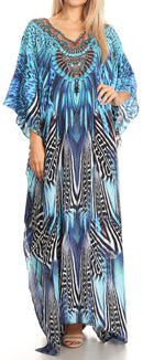 Sakkas Anahi Flowy Design V Neck Long Caftan Dress / Cover Up With Rhinestone