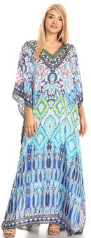 Sakkas Anahi Flowy Design V Neck Long Caftan Dress / Cover Up With Rhinestone