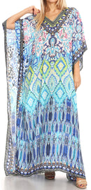 Sakkas Anahi Flowy Design V Neck Long Caftan Dress / Cover Up With Rhinestone