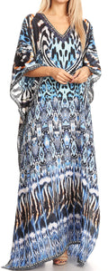 Sakkas Anahi Flowy Design V Neck Long Caftan Dress / Cover Up With Rhinestone#color_17173-Black/White/Turquoise