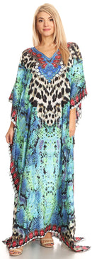 Sakkas Anahi Flowy Design V Neck Long Caftan Dress / Cover Up With Rhinestone