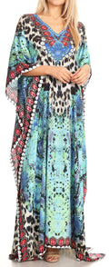 Sakkas Anahi Flowy Design V Neck Long Caftan Dress / Cover Up With Rhinestone#color_17174-Turquoise/Black