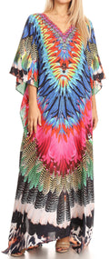 Sakkas Anahi Flowy Design V Neck Long Caftan Dress / Cover Up With Rhinestone#color_17177-PinkMulti