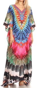 Sakkas Anahi Flowy Design V Neck Long Caftan Dress / Cover Up With Rhinestone