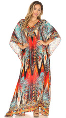 Sakkas Anahi Flowy Design V Neck Long Caftan Dress / Cover Up With Rhinestone
