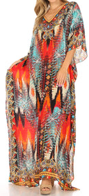 Sakkas Anahi Flowy Design V Neck Long Caftan Dress / Cover Up With Rhinestone
