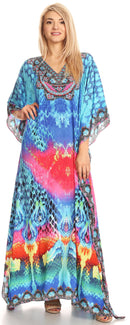 Sakkas Anahi Flowy Design V Neck Long Caftan Dress / Cover Up With Rhinestone