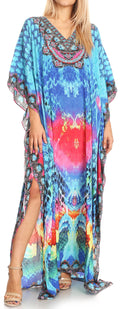 Sakkas Anahi Flowy Design V Neck Long Caftan Dress / Cover Up With Rhinestone#color_17179-Turquoise/Pink