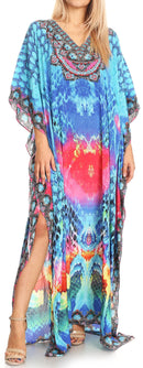 Sakkas Anahi Flowy Design V Neck Long Caftan Dress / Cover Up With Rhinestone