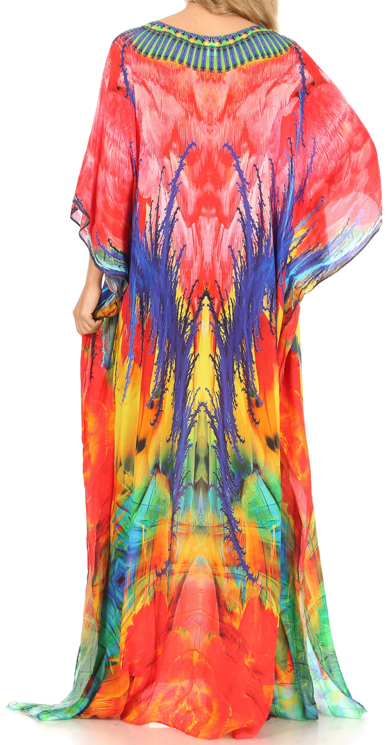 Sakkas Anahi Flowy Design V Neck Long Caftan Dress / Cover Up With Rhinestone