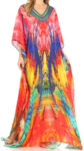 Sakkas Anahi Flowy Design V Neck Long Caftan Dress / Cover Up With Rhinestone#color_17180-Pink/Orange