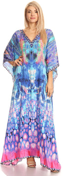 Sakkas Anahi Flowy Design V Neck Long Caftan Dress / Cover Up With Rhinestone