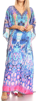 Sakkas Anahi Flowy Design V Neck Long Caftan Dress / Cover Up With Rhinestone#color_17182-Turquoise/Pink