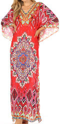 Sakkas Anahi Flowy Design V Neck Long Caftan Dress / Cover Up With Rhinestone#color_17183-Red/Blue