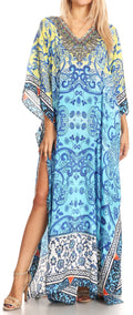 Sakkas Anahi Flowy Design V Neck Long Caftan Dress / Cover Up With Rhinestone#color_17184-Yellow/Blue